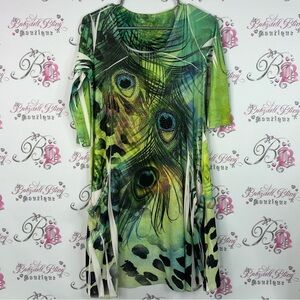 Cover charge mini dress or top rhinestone Elegant Green Peacock Print Tunic